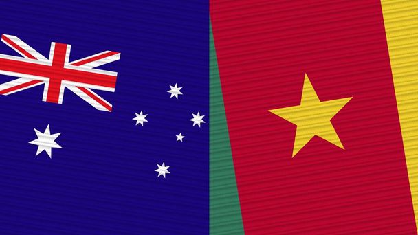Kameroen en Australië Twee halve vlaggen samen stof textuur illustratie - Foto, afbeelding