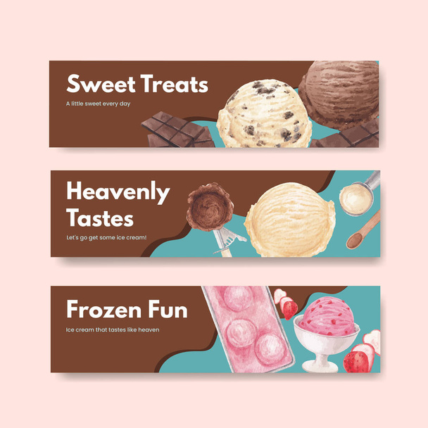 Plantilla de pancarta con concepto de sabor a helado, estilo acuarela - Vector, Imagen