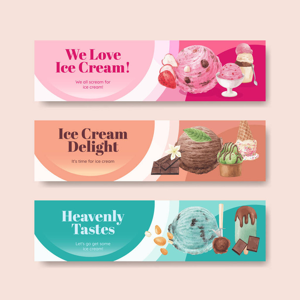 Banner template with ice cream flavor concept,watercolor styl - Vector, Image