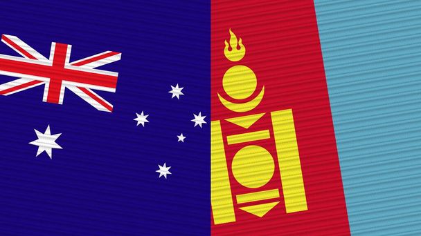 Mongolia and Australia Two Half Flags Together Fabric Texture Illustration - 写真・画像