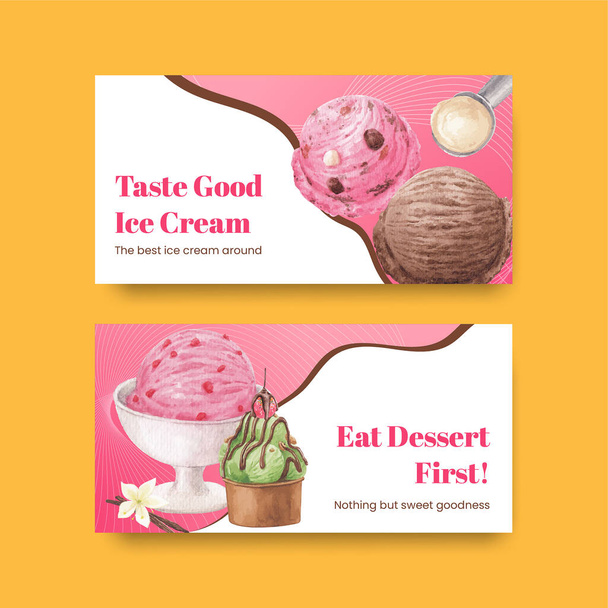 Modello Twitter con concetto di sapore di gelato, acquerello styl - Vettoriali, immagini