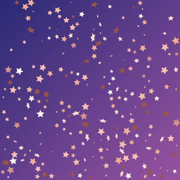 Star Sequin Confetti op Neon Purple achtergrond. Geïsoleerde platte verjaardagskaart. Gouden Sterren Banner. Kerstfeest Frame. Vector Gouden Glitter. Vallende deeltjes op de vloer. Voucher Gift Card sjabloon. - Vector, afbeelding