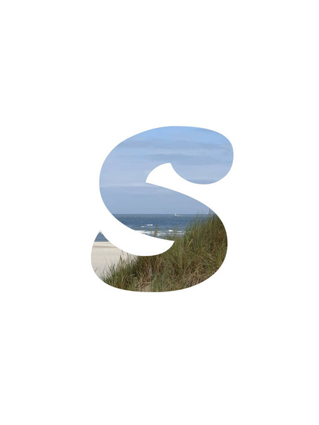 Letter S of the alphabet made with a landscape with beach, sea, blue sky and dunes, isolated on a white background - Fotó, kép