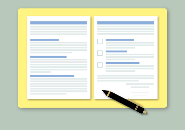 Papiery kontraktowe z tekstem dokumentu i długopisem na żółtym folderze, w stylu projektu cięcia papieru.  - Zdjęcie, obraz
