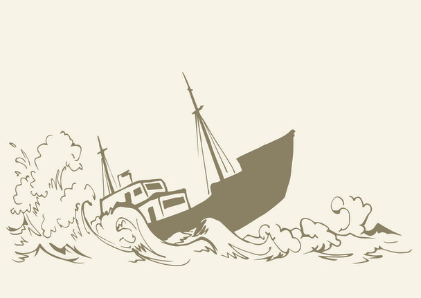 Ancient wood rusty big frigate bottom mast remain on white sky text space. Outline black hand drawn deep maritime sink wind problem galleon logo sign icon sketch in art retro doodle cartoon line style - Vector, Image