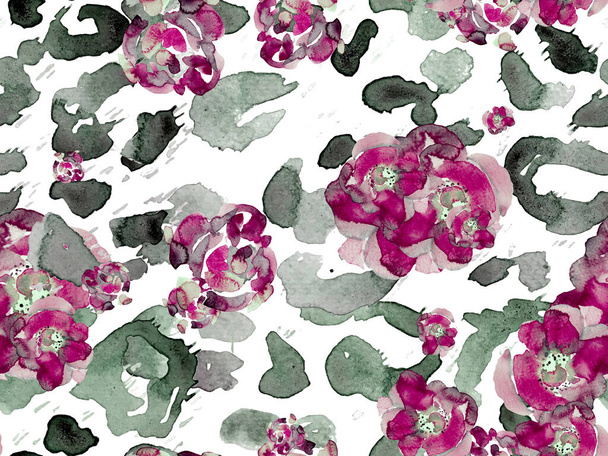 Watercolor Roses, Peony and Leaves Seamless Pattern Ботанічна ілюстрація Флоріан. Vintage Peonie Eco Rapport Весняний цвіт. Зелений і сірий екзотичний плавальний одяг. - Фото, зображення