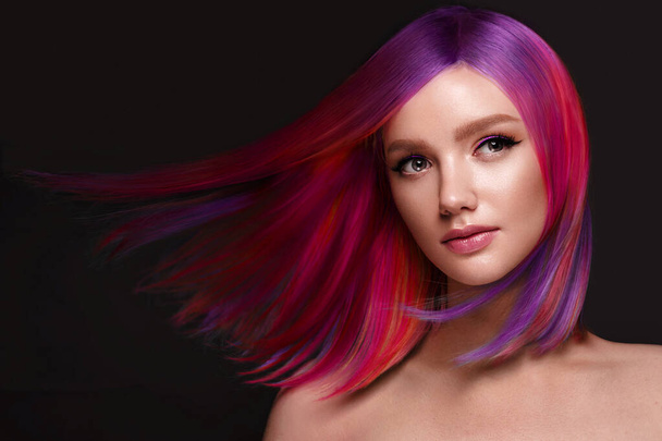 Beautiful woman with multi-colored hair and creative make up and hairstyle. Beauty face. - Foto, Imagem