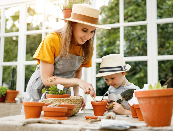 夏にはオレンジ色の園芸をしながら、エプロンと帽子の正の女性は男の子に鉢植えを示します - 写真・画像
