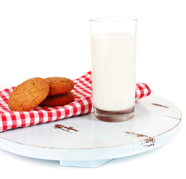 Milk and cookies on wooden tray isolated on white - Fotoğraf, Görsel