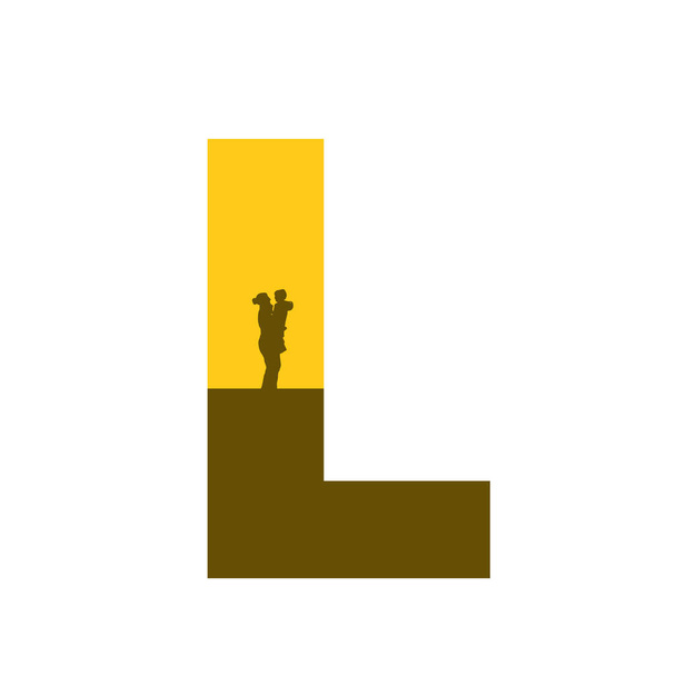 Letter L of the alphabet made with a silhouette of mother with child on arm, in color ocher and brown, isolated on white background - Photo, Image