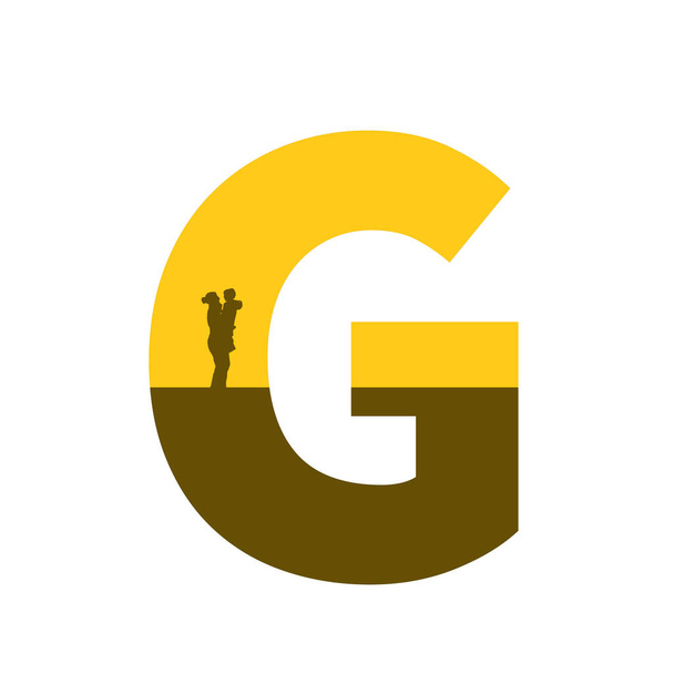G betű az ábécé készült sziluett anya gyermekkel a karon, színes okker és barna, elszigetelt fehér alapon - Fotó, kép