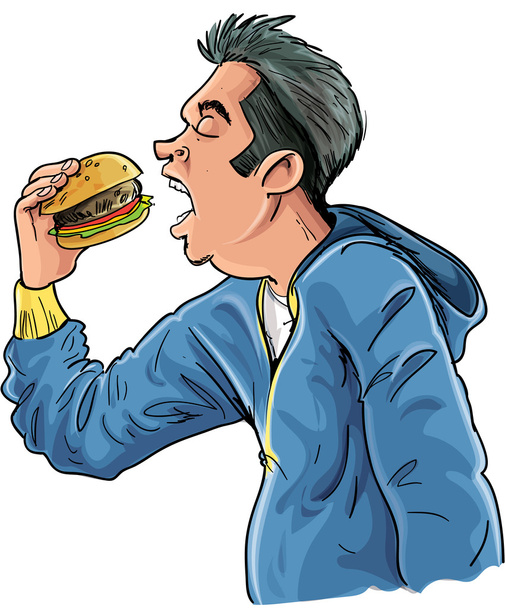 Dibujos animados adolescente comer una hamburguesa
 - Vector, imagen