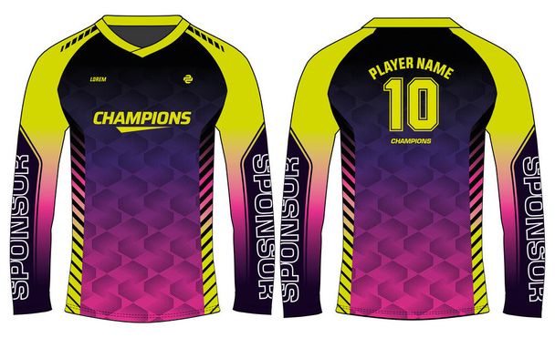 Camiseta de manga larga Racing, Sports jersey design concept vector template, abstract pattern Motocross jersey concept with front and back view, Cricket, football, Volleyball uniform designs - Vector, imagen