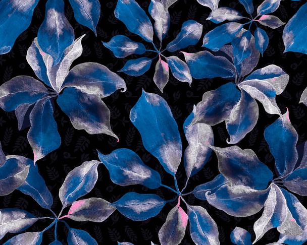 Schefflera Arboricola Seamless Model. Evergreen Variegated Walisongo Rostlina s exotickými květinami. Botanický akvarel. Schefflera Actinophylla Hayata Opakovaný ornament Modrá a Indigo - Fotografie, Obrázek
