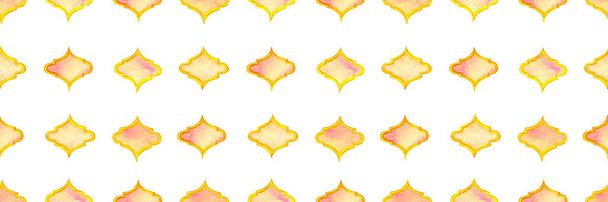 Quatrefoil Seamless Pattern για κεφαλίδα. Fortuna Gold και κίτρινο Rhombus Majolica Ιστορικό. Στραγγιστό νερομπογιάς Trellis. Ντάμασκ. Γεωμετρικό πλακίδιο Morrocan. Κεφαλίδα υδατογραφίας Lattice Marrakesh. - Φωτογραφία, εικόνα