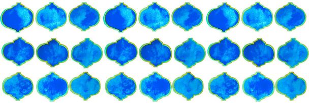 Quatrefoil Seamless Pattern for Header. Blue and Indigo Rhombus Majolica Background. Barbed Watercolour Trellis. Damask Print. Geometric Morrocan Tile. Lattice Marrakesh Watercolor Header. - Photo, Image