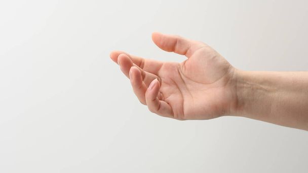 mano femenina extendida hacia adelante con la palma vacía abierta sobre fondo blanco - Foto, Imagen