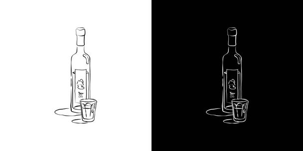 Fles en glas wodka samen in de hand getrokken stijl. Twee soorten drank schetsen beelden. Restaurant illustratie voor viering ontwerp. Retro schets. Lijnkunst. Geïsoleerd op witte achtergrond - Vector, afbeelding