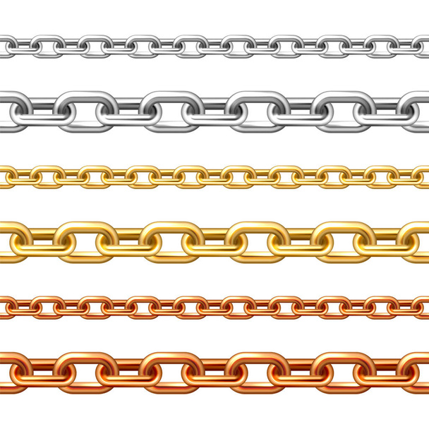 Realistic seamless golden, silver and bronze chains isolated on white background. Metal chain with shiny gold plated links. Vector illustration. - Вектор,изображение