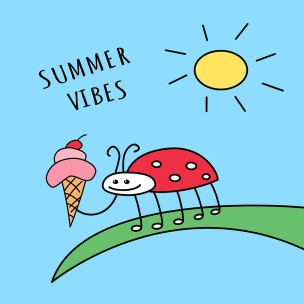 Сонечко з морозивом на листі з сяючим сонцем на блакитному небі літо вібрує смішні мультяшні кольорові каракулі Векторна листівка ілюстрація
 - Вектор, зображення