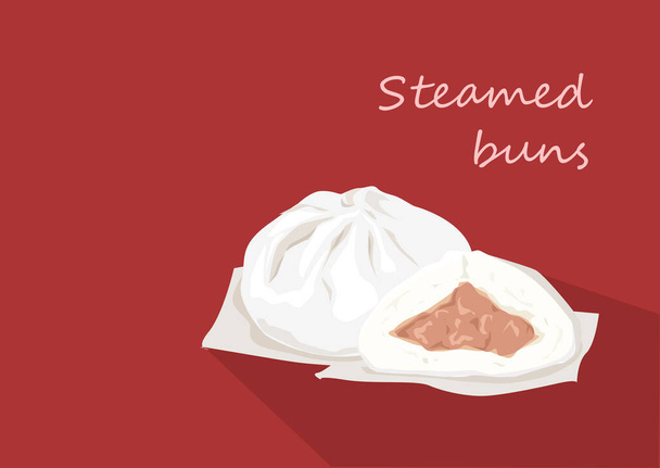 Steamed meat buns vector on a red background are ready to eat, close up, copy space product design concept. - Vector, Image