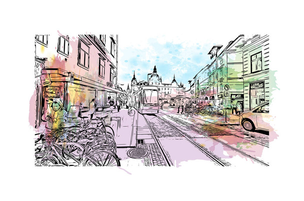 Print Building view with landmark of Graz is the city in Austria. Watercolor splash with hand drawn sketch illustration in vector. - Vector, Image