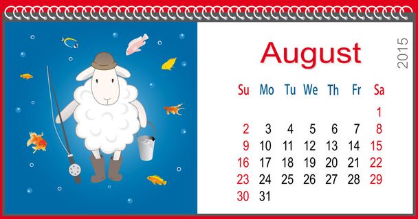 kalender voor augustus en Lam gaat vissen - Vector, afbeelding