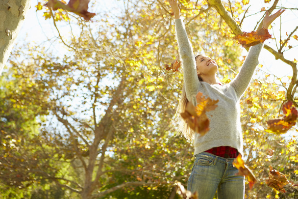 Woman Throwing Autumn Leaves In The Air - Photo, Image