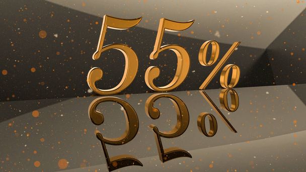 Goldene Volumenzahl 55 Prozent auf Spiegeloberfläche mit rundem Partikelhintergrund Computerrender 3D-Illustration - Foto, Bild