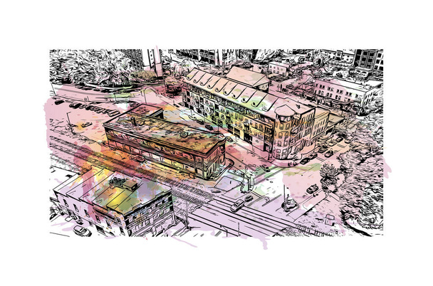 Print Building view with landmark of Greensboro is a city in North Carolina. Watercolor splash with hand drawn sketch illustration in vector. - Vector, Image