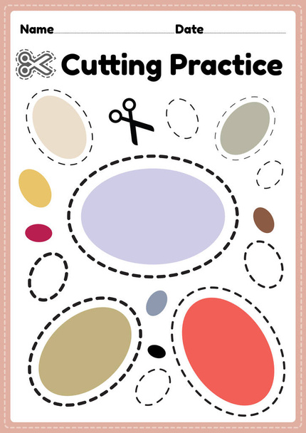 Printable cutting activities for toddlers and preschool kids to cut the paper with scissors to improve motor skills, coordination and develop small muscles for kindergarten children in a printable page. - Vector, Image