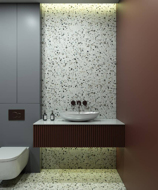 Cuarto de baño interior con espacio para un espejo o mesita de noche. Representación 3D. Espacio vacío sobre el fregadero. - Foto, imagen