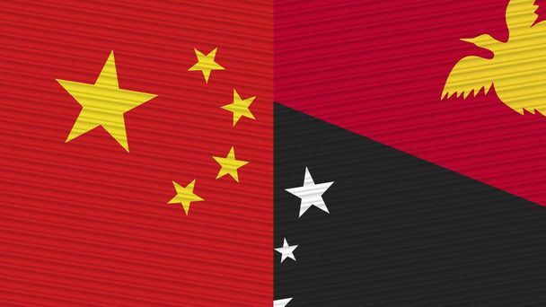 Papua New Guinea and China Two Half Flags Together Fabric Texture Illustration - Photo, Image