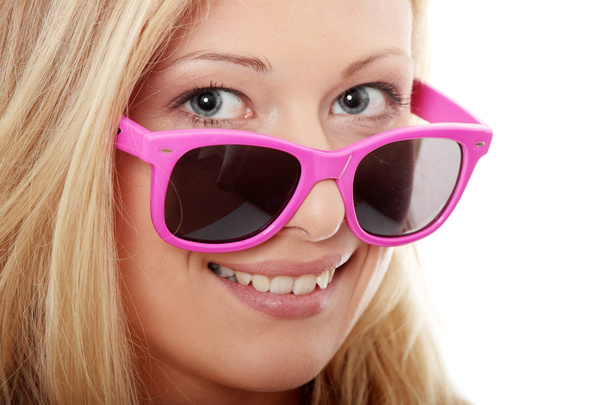 Young summer girl with pink sunglasess, isolated on white - Фото, зображення