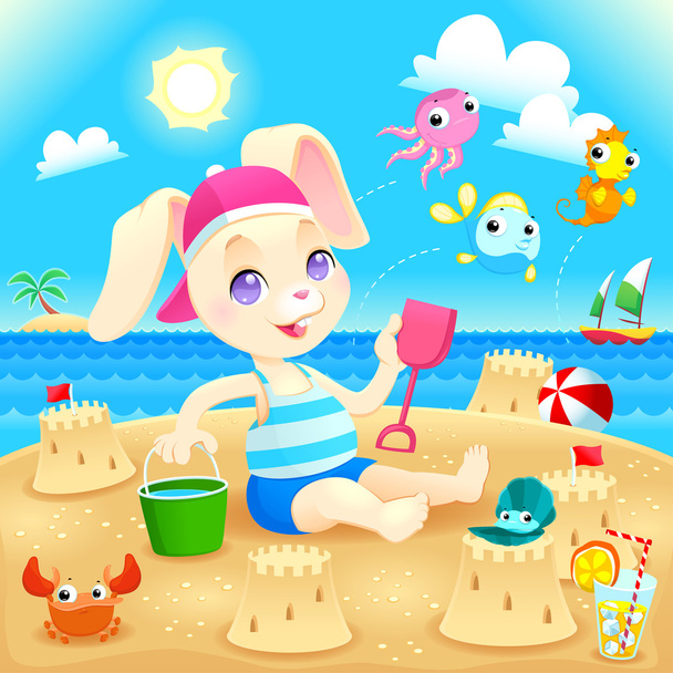 Молодий кролик робить замки на пляжі
.  - Вектор, зображення