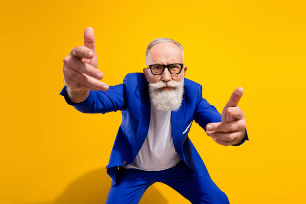 Photo of unhappy angry old man point you strict wear glasses blue suit isolated on shine yellow color background - Φωτογραφία, εικόνα