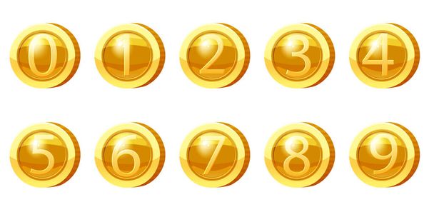 Establecer números de monedas de medalla de oro de 0 a 9 símbolos. Golden tokens para juegos, elementos de activos de interfaz de usuario. Ilustración vectorial - Vector, Imagen