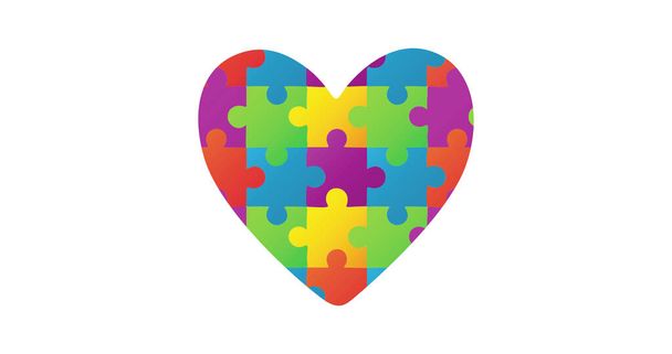 Image of multi coloured puzzle elements forming heart Autism Awareness Month symbol on white background. Autism awareness support concept digitally generated image. - Φωτογραφία, εικόνα