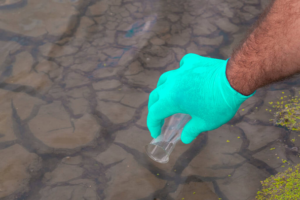 Sample water from the river for analysis. Hand in glove holding a test tube.ecology concept - Valokuva, kuva