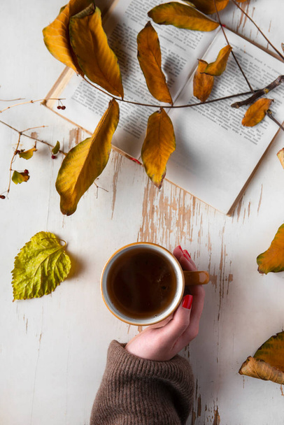 Female hands hold a hot cup tea. Woolen sweater. On a vintage background autumn leaves and an open book. Concept - keep warm on a Autumn evening - Fotoğraf, Görsel