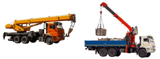Machine with truck crane and on-board loader crane isolated on white background. The boom of the on-board loader crane lifts the load. Workers direct the work. Illustration. Vector, eps10. - Vector, Image