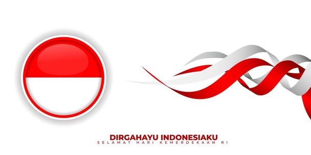 Indonesia Día de la Independencia con cinta roja y blanca voladora. diseño de la bandera círculo indonesio. media de texto indonesio es la longevidad indonesia y la media de texto inferior es el día de la independencia de la república Indonesia. - Vector, imagen
