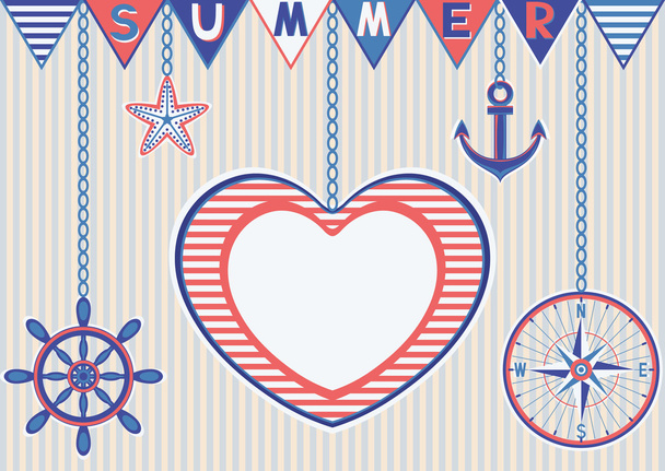 Ναυτικό θερινή κάρτα με καρδιά πλαίσιο - Διάνυσμα, εικόνα