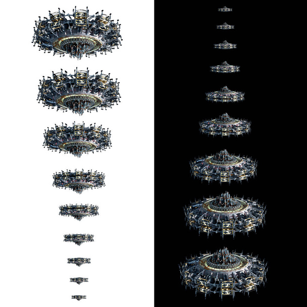 3D-колаж рендеринга екземплярів космічних кораблів UFO в спадній перспективі, ізольований на білому з відсіканням шляху включеного в файл, для наукової фантастики або відеоігор фону.. - Фото, зображення