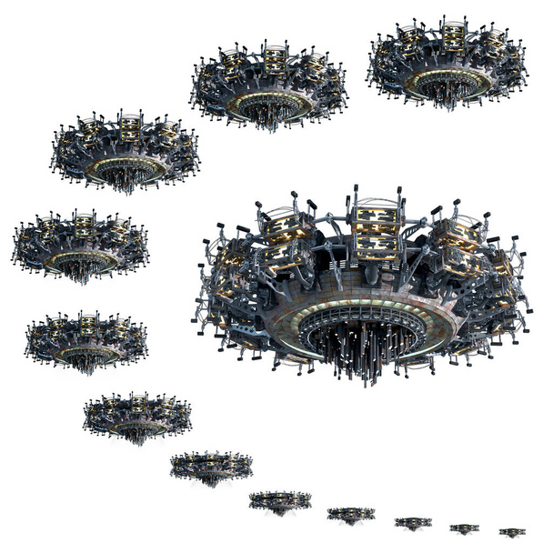 Collage di rendering 3D di istanze di astronavi UFO, isolato su bianco con il percorso di ritaglio incluso nel file, per opere d'arte di fantascienza o sfondi di videogiochi. - Foto, immagini
