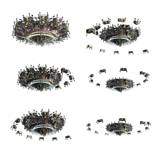 Collage van 3D ruimteschip instanties met zwermende drones, met de clipping pad opgenomen in de illustratie, voor science fiction of video game achtergronden. - Foto, afbeelding