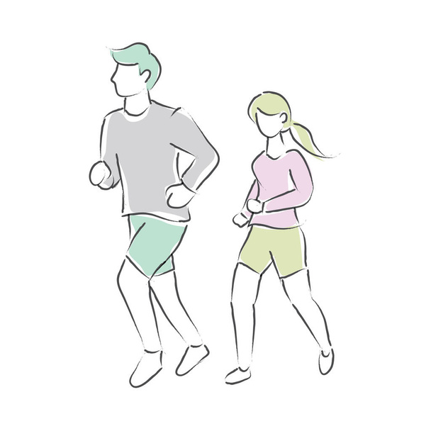 Abstrakti piirros juoksevista miehistä ja naisista. Running ihmiset kuvitus linjassa käsin piirretty tyyli. Miehet ja naiset käynnissä Sketch Vector kuvitus - Vektori, kuva