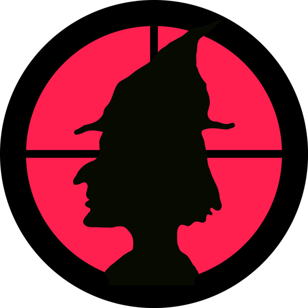 Witch in the crosshair of a gun's telescope. Can be symbolic for need of protection, being tired of, intolerance or being under investigation. - Vector, Image