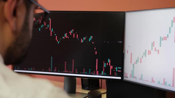 コンピューター上の株式市場のチャートを調査するトレーダーのアモール計画 - 映像、動画