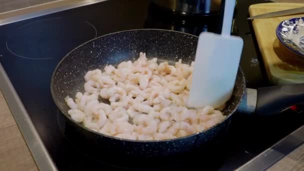 Process of roasting peeled shrimps in a frying pan, close-up. Prawns fried. home made Seafood - Footage, Video